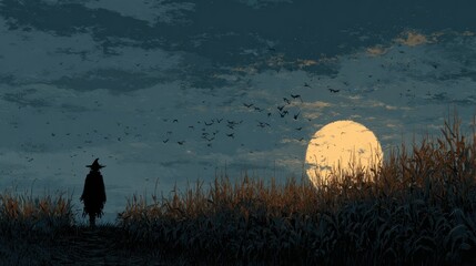 A solitary witch walks towards the moon in a mystical and enchanting dark landscape