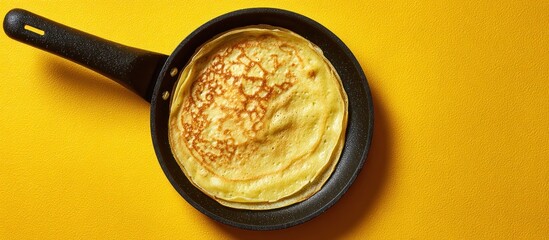 Stack of crepes in a black skillet, laying against a bright yellow background