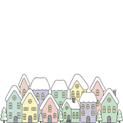Cozy winter village with snow covered houses, pastel Christmas town vector illustration for holiday background