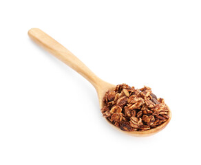 Tasty granola with chocolate chips in spoon isolated on white
