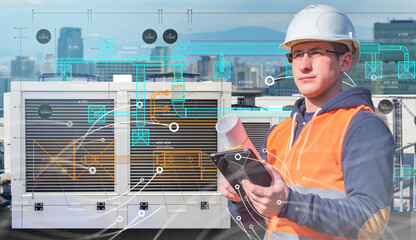 Engineer in helmet and safety vest inspects rooftop HVAC units with digital schematics overlay, supervising ventilation and air conditioning system design.