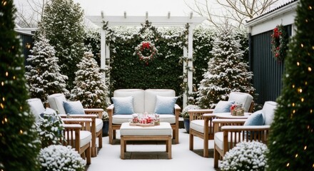 Snowy Outdoor Patio with Cushioned Wooden Furniture and Christmas Decorations