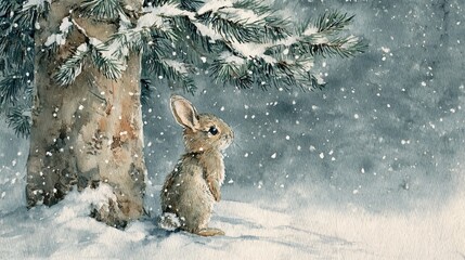 A small rabbit stands in a snowy landscape, beside a tree, surrounded by softly falling snowflakes in a serene winter scene.