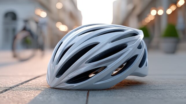 A white cycling helmet is placed on a city street, showcasing its design and readiness for cycling activities.