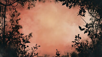 Dark silhouetted trees and intricate foliage form a natural frame around a warm textured orange pink background