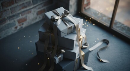 Elegant Silver Gift Boxes with Satin Ribbons Stacked Near Window in Modern Indoor Setting