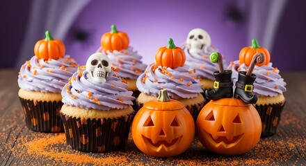 Festive Halloween cupcakes with pumpkin and skull decorations on a wooden table
