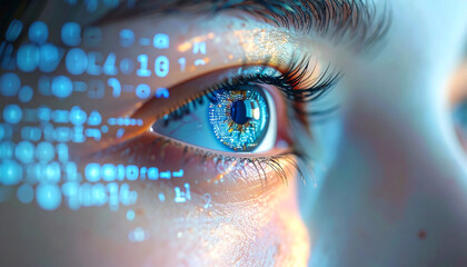 Digital Eye: A close-up shot of an eye, intertwined with lines of code, illustrating the fusion of technology and humanity, with emphasis on the digital world.