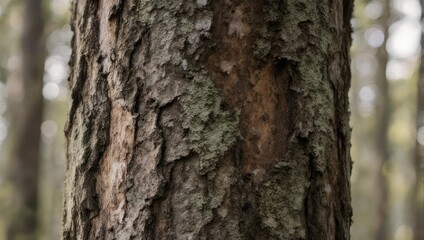 Fototapeta premium Close-up of textured tree bark, showing rough surface & varying colors in a blurry forest background