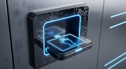 A futuristic biometric hand scanner with a glowing blue interface for secure access.