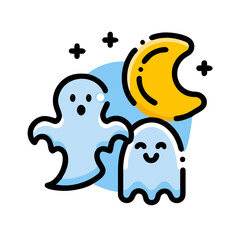 Illustration of two ghosts and a crescent moon on a blue background