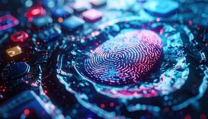 Digital Fingerprint: A neon-lit fingerprint pulsates amidst a complex network of circuits, microchips, and data streams.