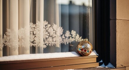 Decorative Christmas Ornament on Snow-covered Windowsill with Frosted Curtain and Sunlight