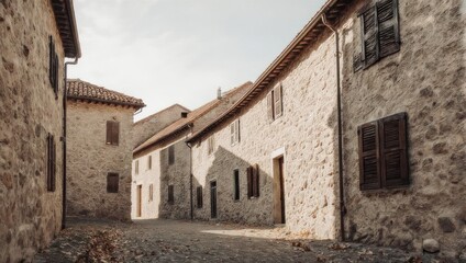 Obraz premium Cobblestone street in European village lined with stone buildings and closed window shutters
