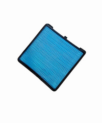 Blue car air conditioning filter on a white background.