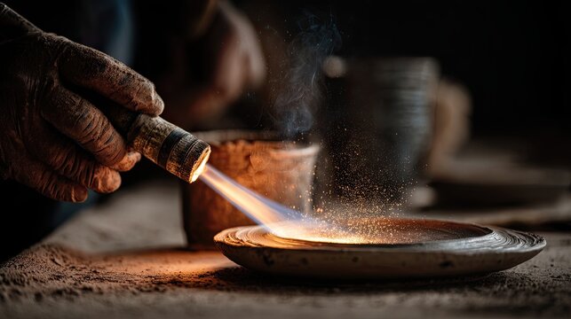 A craftsman uses a torch to heat a ceramic plate, creating sparks and a glowing surface, showcasing traditional pottery techniques.
