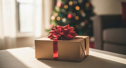 Festive Gift Box Wrapped with Red Ribbon and Bow in Cozy Holiday Setting