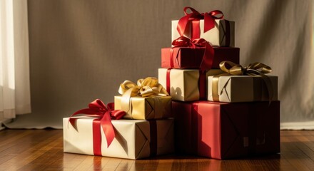 Stack of Gift Boxes with Red and Gold Ribbons in Indoor Setting