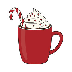 Red mug of hot chocolate with whipped cream and candy cane
