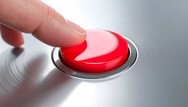 Red Button Initiation: The precise moment of action unfolds as a finger gently presses down upon a vibrant red button, poised on a metallic surface, ready to initiate a significant function. 