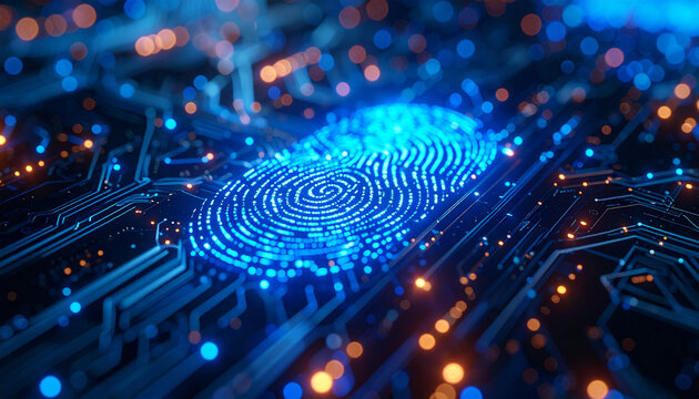 Digital Fingerprint: A luminous blue fingerprint rests atop a complex circuit board, symbolizing the digital world of security and technological advancement.