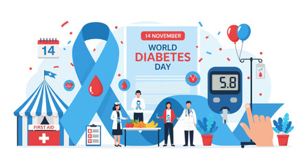 World diabetes day awareness campaign featuring blue ribbon symbol blood drop glucometer medical professionals and festive elements for global health education vector