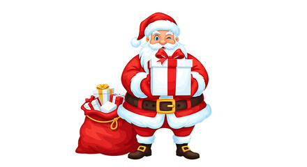 Obraz premium Cartoon Santa Claus with a red suit white fur trim and a sack of gifts.