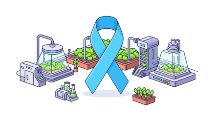 Naklejka premium Blue awareness ribbon centers fresh produce arranged around medical equipment symbolizing health wellness diabetes prevention and healthy lifestyle choices vector