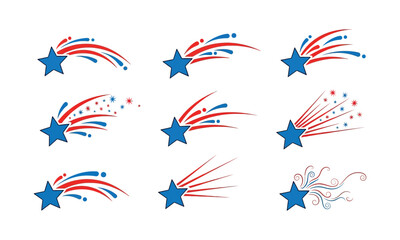 Patriotic minimalist illustration featuring nine stylized blue shooting star designs with red trails and bursts on a clean white background
