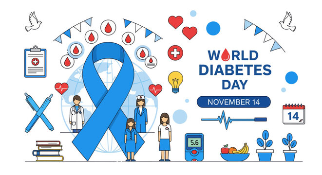 Celebrating world diabetes day with a blue ribbon symbolizing awareness and support for a healthier future vector - Powered by Adobe