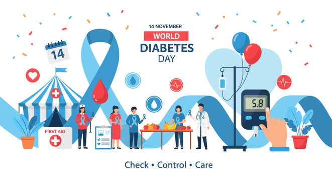 World diabetes day celebration awareness event promoting health screening education and prevention with medical professionals and participants vector