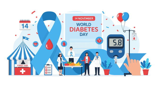 World diabetes day awareness campaign featuring blue ribbon symbol blood drop glucometer medical professionals and festive elements for global health education vector