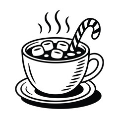 Christmas hot chocolate cup with marshmallows and candy cane, cozy winter drink line art for holiday illustrations and greeting cards.