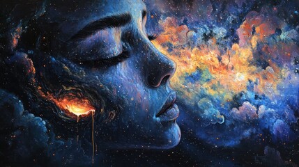 Cosmic woman portrait; nebula background; introspection; artistic use