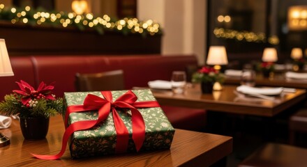Festive Christmas Gift Wrapped in Green Paper with Red Ribbon on Wooden Table in Cozy Restaurant
