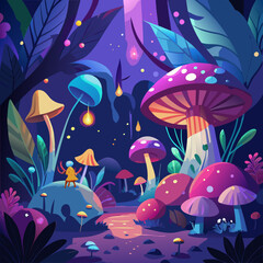 Enchanting mushroom forest with a tiny figure under a magical light