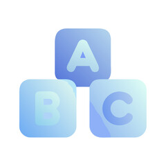 Three blue alphabet blocks with a, b, and c