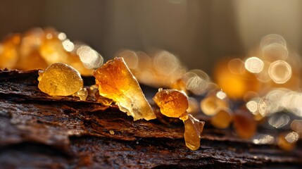 boswellia. Golden resin droplets forming on tree bark in warm sunlight. gardening catalogs, home-decor guides, designed for gardening and botanical catalogs, enhances decor appeal.