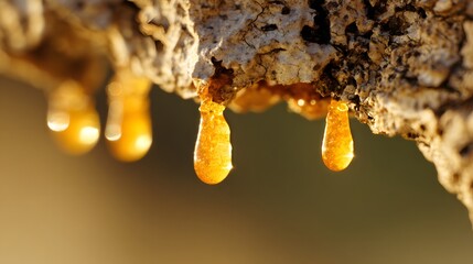 boswellia. Golden resin droplets forming on tree bark in warm sunlight. gardening catalogs, home-decor guides, designed for gardening and botanical catalogs, enhances decor appeal.