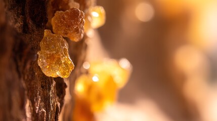 boswellia. Golden resin droplets forming on tree bark in warm sunlight. gardening catalogs, home-decor guides, designed for gardening and botanical catalogs, enhances decor appeal.