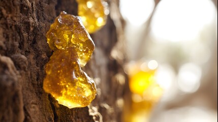 boswellia. Golden resin droplets forming on tree bark in warm sunlight. gardening catalogs, home-decor guides, designed for gardening and botanical catalogs, enhances decor appeal.