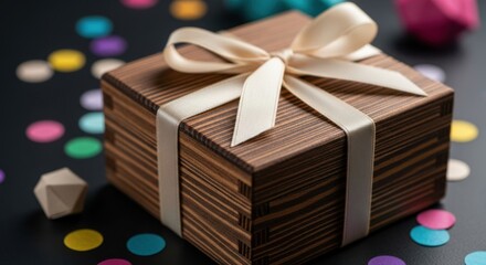 Wooden Gift Box with Cream Ribbon Bow on Dark Surface Surrounded by Colorful Confetti