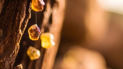 boswellia. Golden resin droplets forming on tree bark in warm sunlight. gardening catalogs, home-decor guides, designed for gardening and botanical catalogs, enhances decor appeal.