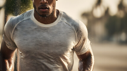 Close-Up of a Man Jogging Outdoors with his T-shirt wet from sweat. Droplets of sweat and sunlight emphasize the intensity and energy of the workout.