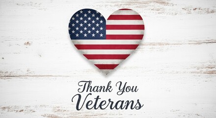 Illustration of thank you veterans message with american flag heart on white wood background