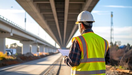 Bridge Inspection Engineer Documenting Joints Under Highway Overpass
