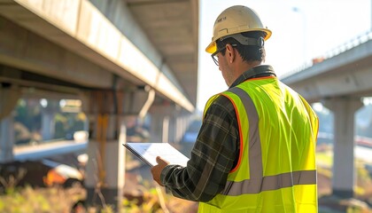 Bridge Inspection Engineer Documenting Joints Under Highway Overpass