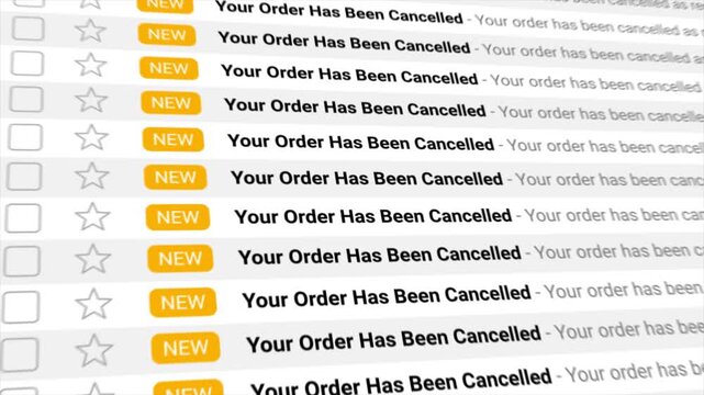 Your Order Has Been Cancelled email notifications animate across the screen in rapid succession. Perfect for concepts of e-commerce issues, failed transactions,  and customer dissatisfaction.