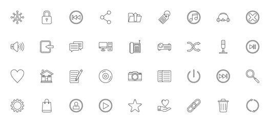 Multimedia icon set. Communication, padlock, share, usic, camera, settings vecor icons. Web, tech, mediasymbols pack. Editable strke.