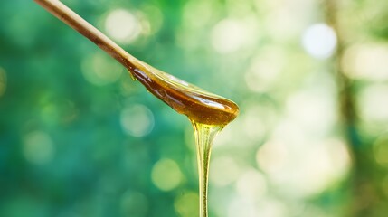 apiary. Golden honey dripping from wooden spoon, blurred natural background. menu design, packaging mockups, designed for food delivery and cloud-kitchen brand materials, used by photographers.